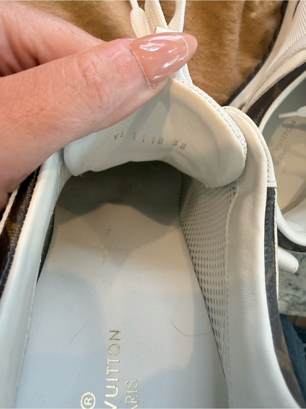 Louis Vuitton White & Brown Women's LV Low-Top Sneakers with Gold Accent - Picture 8 of 9